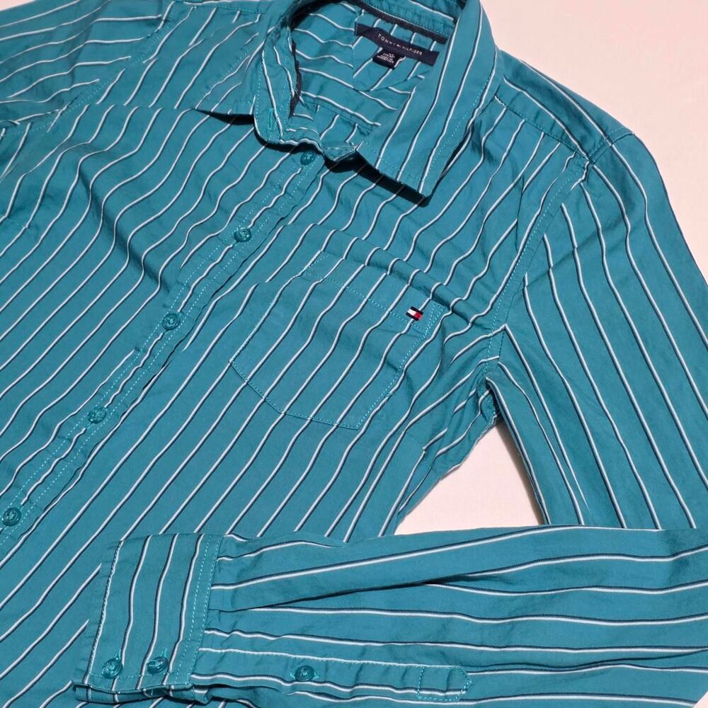 Tommy Hilfiger turquoise & white striped button-up shirt women's XS